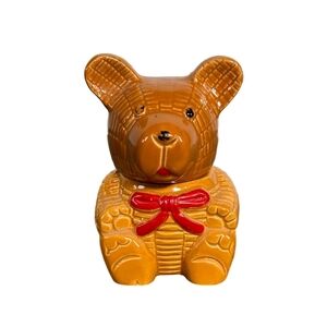 Vintage Brown Bear Cookie Jar with Red Bow